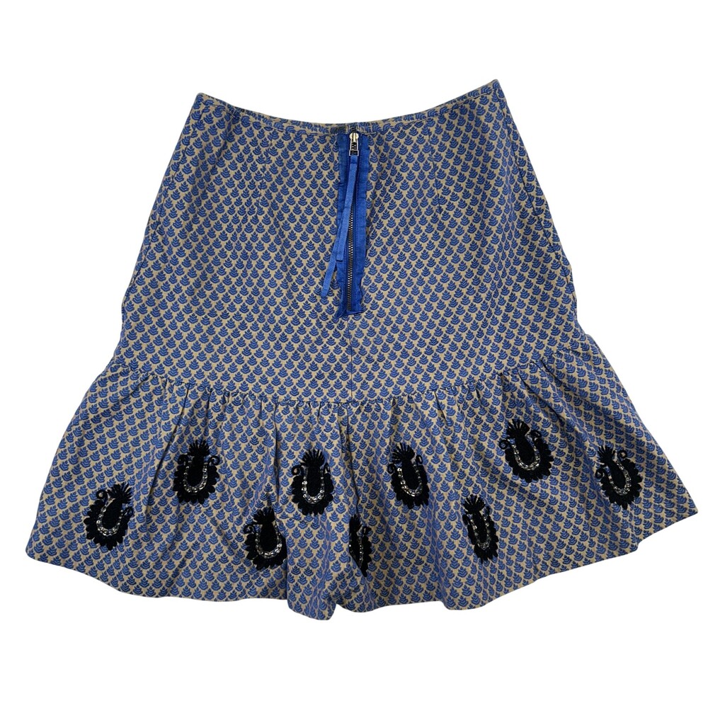 Anthropologie Leifsdottir Skirt Womens 2 Embroidered Rhinestone Mini Ruffle Blue